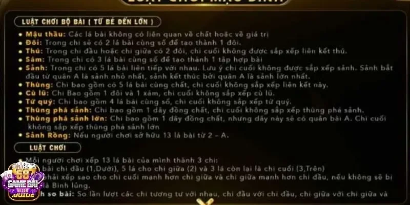 68gamebai cung cấp thông tin luật chơi Mậu binh chi tiết