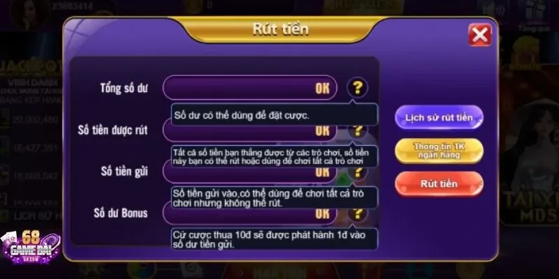 Lưu ý rút tiền tại nhà cái 68 game bài 