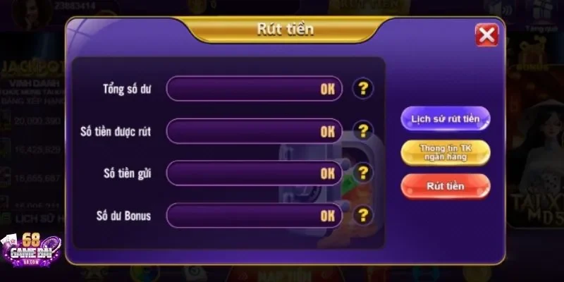 Rút tiền qua ngân hàng tại 68gamebai 